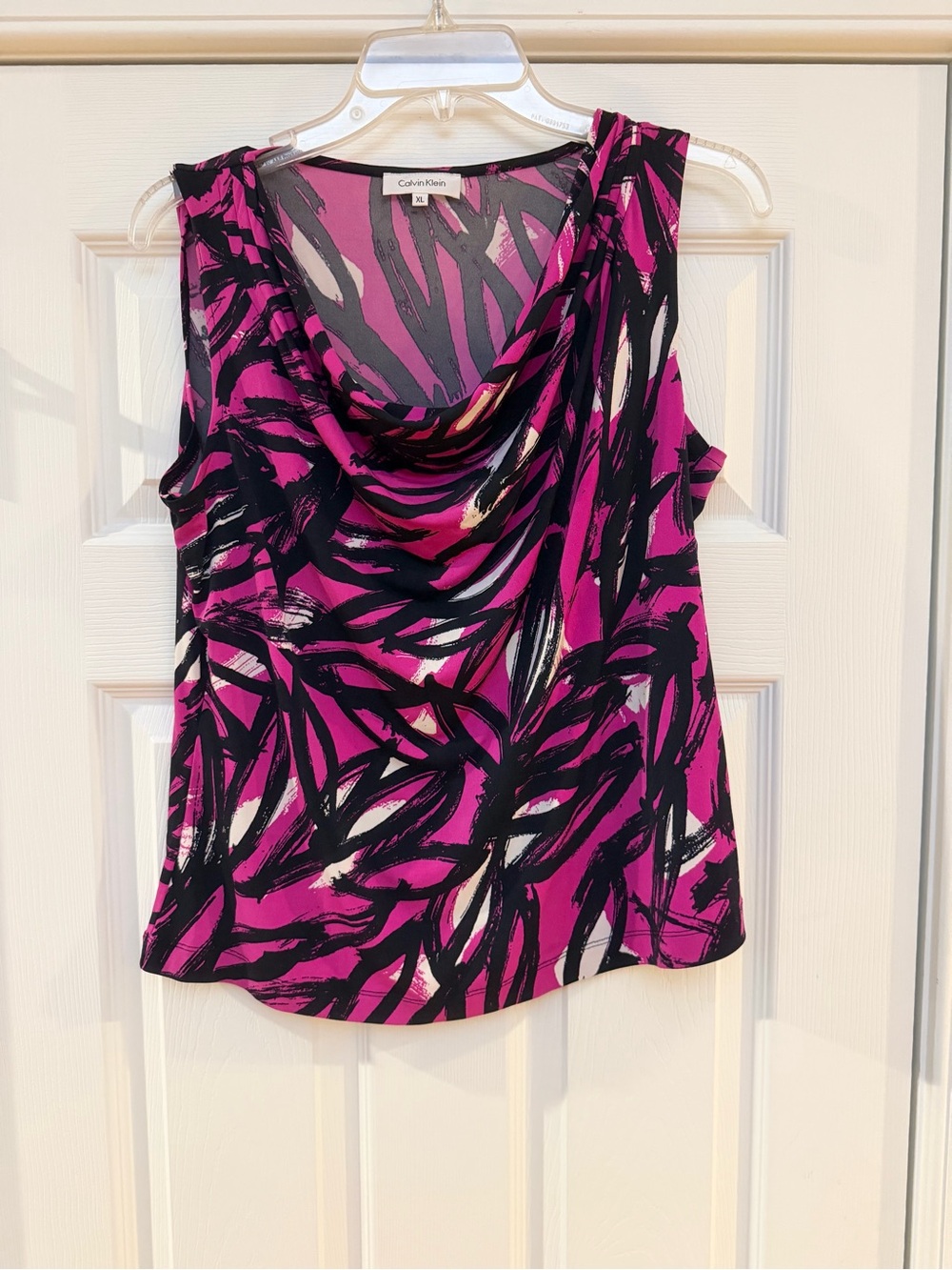 Women's Size XL "Calvin Klein" Magenta Black Print Draped Cowl Neck Camisole GUC